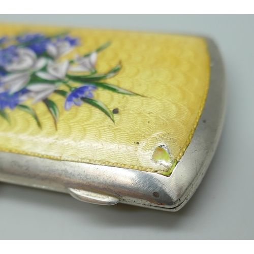 7245 - A .900 continental silver and guilloche enamel case with floral detail, enamel a/f, 77g, 8.8 x 4.2cm