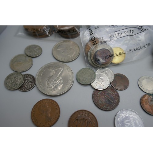 7234 - A collection of coins, old pennies, sixpences, US coins including Liberty dollar, etc. and banknotes