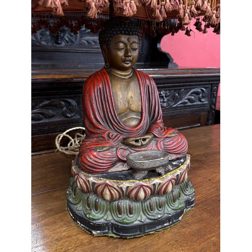 2214 - An Oriental early 20th Century hand painted Buddha lamp base with original shade, 60cm including sha... 