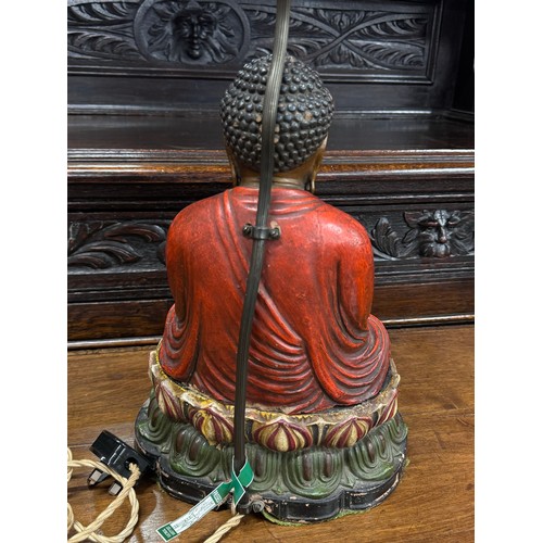 2214 - An Oriental early 20th Century hand painted Buddha lamp base with original shade, 60cm including sha... 