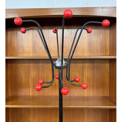 2243 - A circa 1960s sputnik coat and umbrella stand with red atomic hooks, 173cm