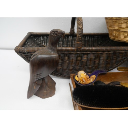 2333 - Three wicker baskets, Meerschaum pipe, a/f, carved wooden bird figure, clothes/shoe brushes and othe... 