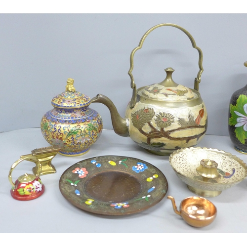 2029 - A collection of brass items includes a Cloisonne lidded pot and vase, tea pots, etc.