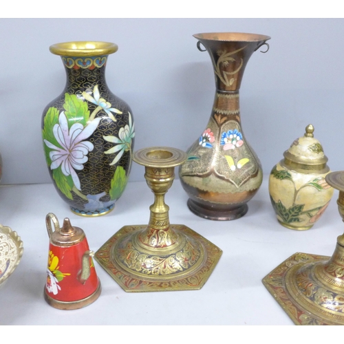 2029 - A collection of brass items includes a Cloisonne lidded pot and vase, tea pots, etc.