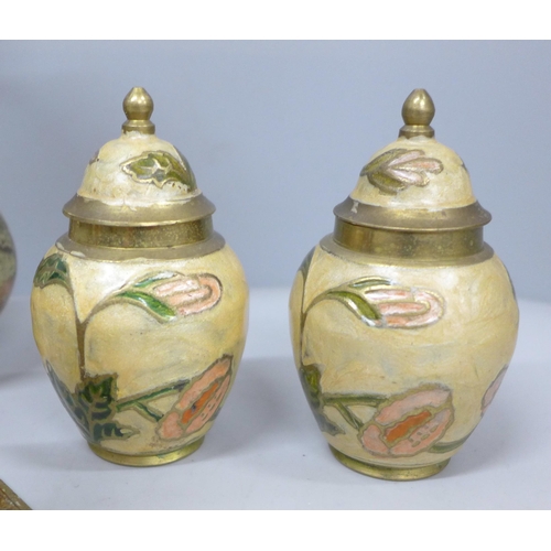 2029 - A collection of brass items includes a Cloisonne lidded pot and vase, tea pots, etc.