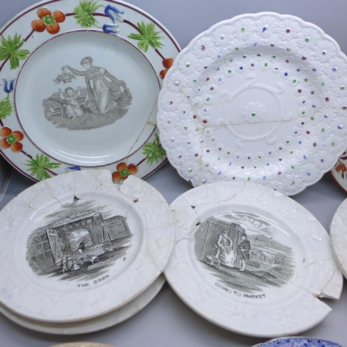 2043 - A collection of 19th century plates and dishes, five circa 1850 Staffordshire pearlware plates with ... 