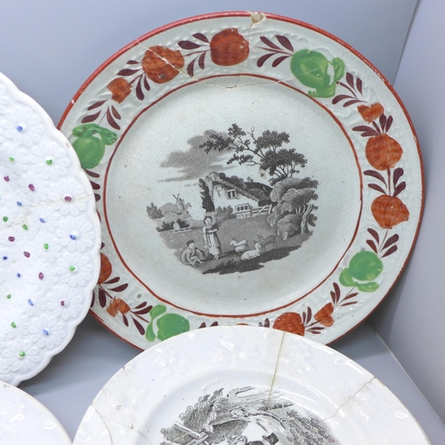 2043 - A collection of 19th century plates and dishes, five circa 1850 Staffordshire pearlware plates with ... 