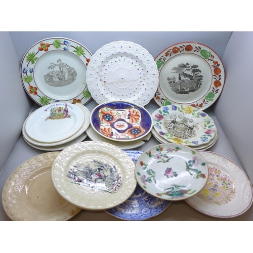 2043 - A collection of 19th century plates and dishes, five circa 1850 Staffordshire pearlware plates with ... 