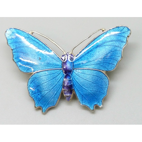 2059 - Two early 20th Century John Atkins & Sons silver and guilloche enamel butterfly brooches, one with l... 