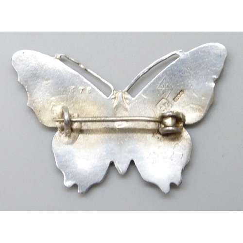 2059 - Two early 20th Century John Atkins & Sons silver and guilloche enamel butterfly brooches, one with l... 