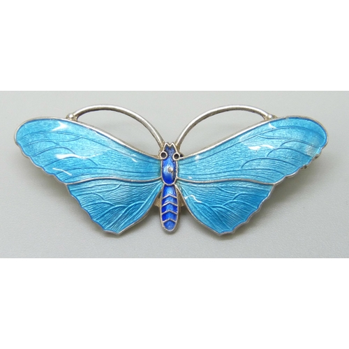 2059 - Two early 20th Century John Atkins & Sons silver and guilloche enamel butterfly brooches, one with l... 