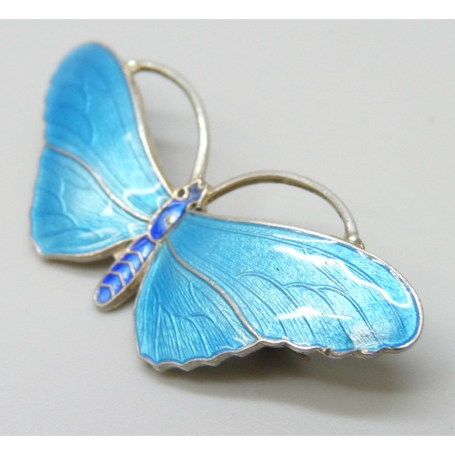 2059 - Two early 20th Century John Atkins & Sons silver and guilloche enamel butterfly brooches, one with l... 