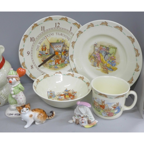 2061 - A collection of assorted china to include Bunnykins pottery (mug, bowl, plate, clock) together with ... 