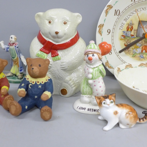 2061 - A collection of assorted china to include Bunnykins pottery (mug, bowl, plate, clock) together with ... 