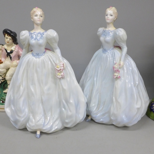 2075 - Three Coalport lady figures and four Staffordshire style figures including Little Red Riding Hood