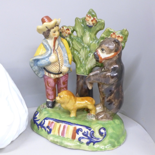 2075 - Three Coalport lady figures and four Staffordshire style figures including Little Red Riding Hood