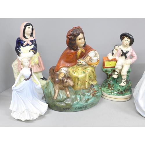 2075 - Three Coalport lady figures and four Staffordshire style figures including Little Red Riding Hood