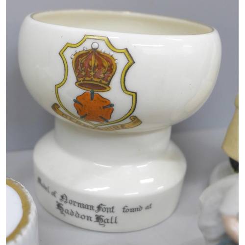 2078 - A pair of Victorian spill holders with mottos, a fairing, a large Goss crested china tyg, (a/f, crac... 