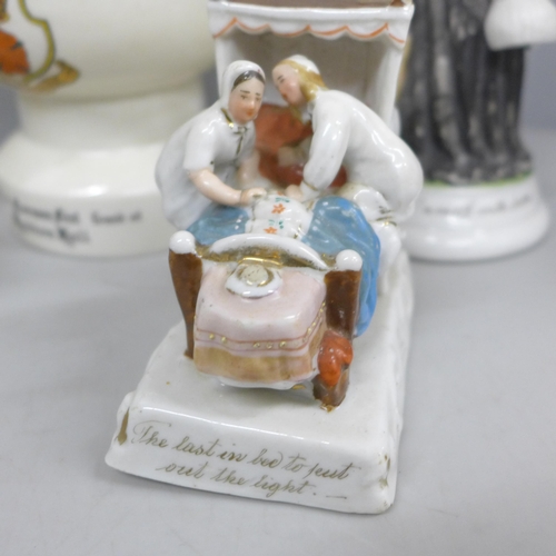 2078 - A pair of Victorian spill holders with mottos, a fairing, a large Goss crested china tyg, (a/f, crac... 