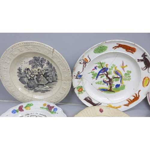 2085 - 19th century children's plates; one Pearlware plate with naive painting of peacocks in a tree with a... 