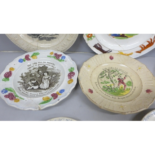 2085 - 19th century children's plates; one Pearlware plate with naive painting of peacocks in a tree with a... 