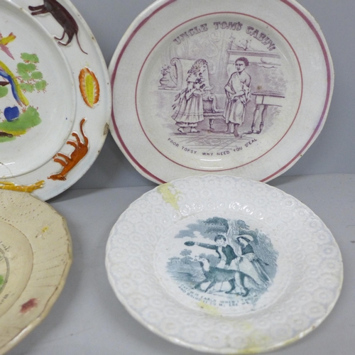 2085 - 19th century children's plates; one Pearlware plate with naive painting of peacocks in a tree with a... 