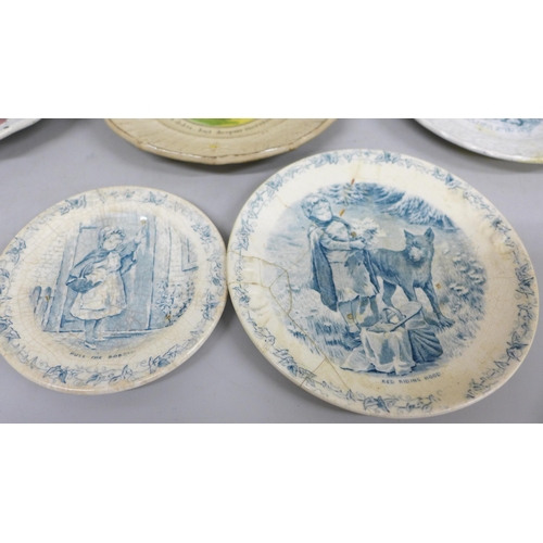 2085 - 19th century children's plates; one Pearlware plate with naive painting of peacocks in a tree with a... 