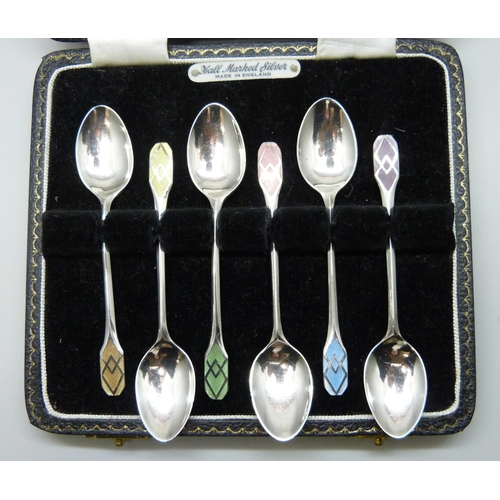 2090 - A set of Art Deco silver and coloured guilloche enamel coffee spoons, Charles S Green & Co., Birming... 