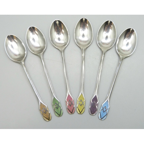 2090 - A set of Art Deco silver and coloured guilloche enamel coffee spoons, Charles S Green & Co., Birming... 