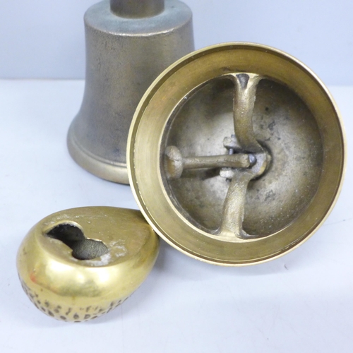 2096 - A brass school hand bell, a 1960s counter bell and a small brass novelty mouse