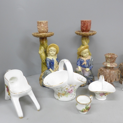 2099 - Two pairs of candlesticks, a collection of china including Royal Albert and a collection of porcelai... 