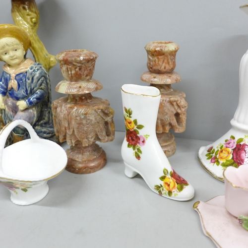 2099 - Two pairs of candlesticks, a collection of china including Royal Albert and a collection of porcelai... 