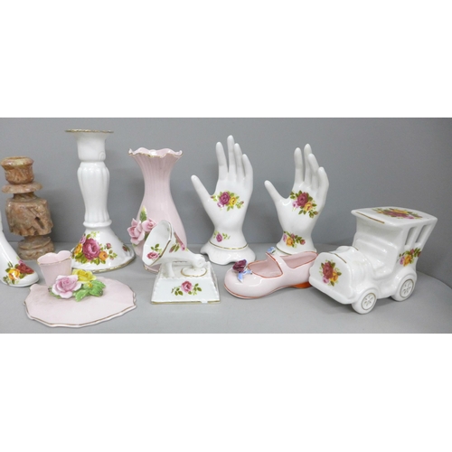 2099 - Two pairs of candlesticks, a collection of china including Royal Albert and a collection of porcelai... 