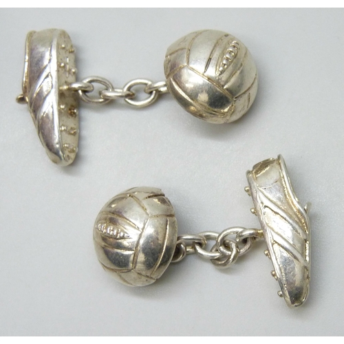 2119 - A pair of novelty silver football cufflinks in the form of a boot and ball, Sheffield 1998, 13g