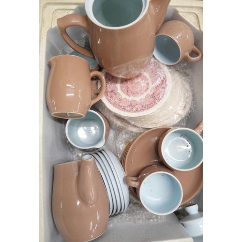 2195 - A box of vintage Langley pottery Lucerne tea and dinnerware in two tone brown and blue colourway. Co... 