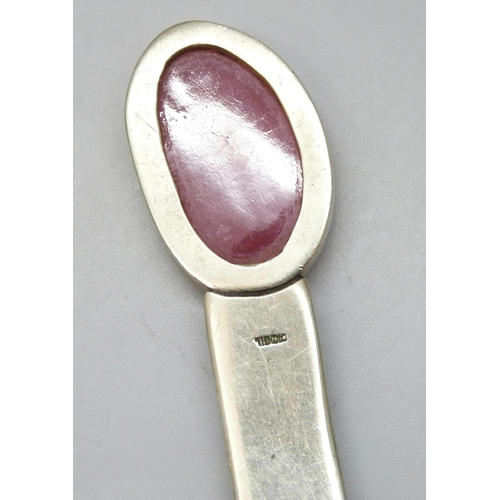 2225 - A rhodonite set white metal letter opener, marks verso, 16cm, 30g