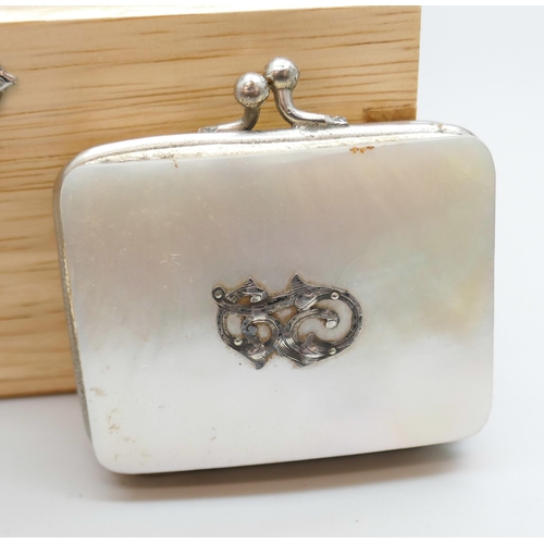 2237 - A Royal Selangor Pewter musical Teddy bear bedtime trinket, boxed, and a small mother of pearl purse