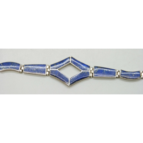 2256 - A .950 silver lapis lazuli set bracelet, possibly Mexican, 12g, 17.5cm