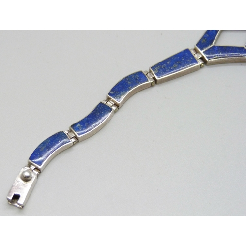 2256 - A .950 silver lapis lazuli set bracelet, possibly Mexican, 12g, 17.5cm