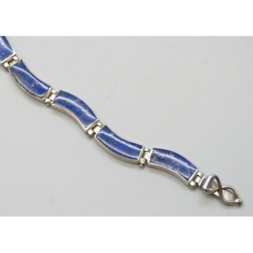 2256 - A .950 silver lapis lazuli set bracelet, possibly Mexican, 12g, 17.5cm