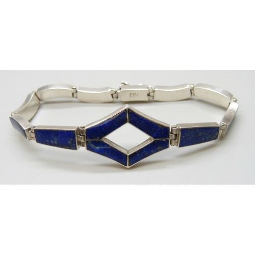 2256 - A .950 silver lapis lazuli set bracelet, possibly Mexican, 12g, 17.5cm