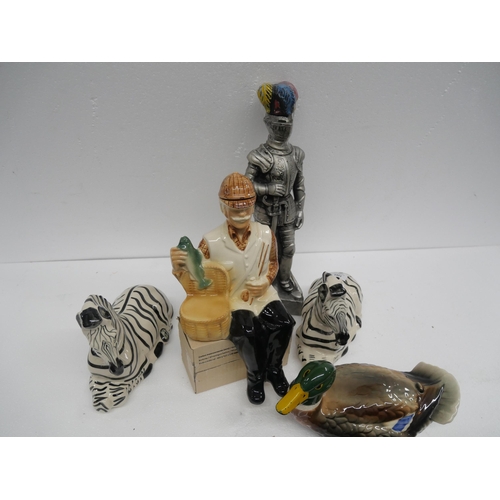 2263 - Five Ballantine whisky decanters, circa 1960s, two zebra, one knight, one fisherman and one duck **P... 