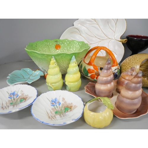 2269 - A shell shaped condiment set, salt and pepper pots, two Shelley dishes, a pair of William Fishley go... 