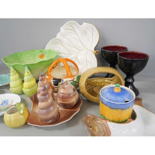 2269 - A shell shaped condiment set, salt and pepper pots, two Shelley dishes, a pair of William Fishley go... 