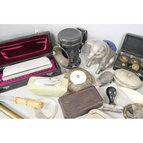 2278 - Assorted items including a large pig pin cushion, weights, mouth organ, etc. **PLEASE NOTE THIS LOT ... 