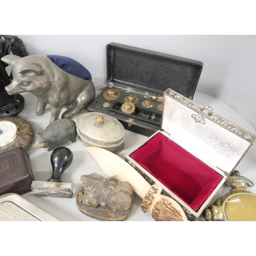 2278 - Assorted items including a large pig pin cushion, weights, mouth organ, etc. **PLEASE NOTE THIS LOT ... 