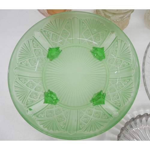 2290 - An Art Deco green glass footed bowl with geometric design, a peach glass scent bottle, a Victorian g... 