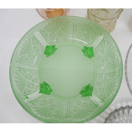 2290 - An Art Deco green glass footed bowl with geometric design, a peach glass scent bottle, a Victorian g... 