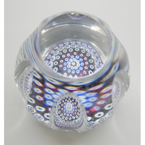 2294 - A 1980 Whitefriars multi-faceted spoke millefiori paperweight in colors of blue, white, and teal, an... 