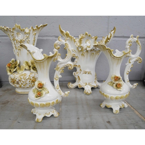 2298A - Two pairs of Italian floral encrusted vases